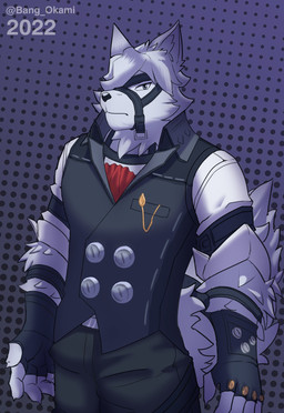 5_fingers anthro big_tail black_bottomwear black_clothing black_topwear bottomwear butler clothing fingers fur harness male muzzle_(object) pants solo tail text topwear white_body white_fur year bang_okami mihoyo zenless_zone_zero von_lycaon canid canine canis mammal wolf 2022 artist_name hi_res