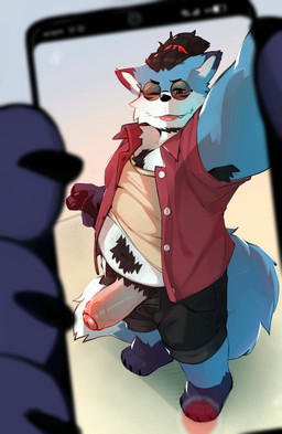 anthro armpit_hair belly big_tail black_body black_fur blue_body blue_fur body_hair bottomwear claws clothed clothing dick_pic dipstick_ears dipstick_limbs dipstick_tail ear_markings electronics eyebrows eyewear facial_hair first_person_view foreskin fur fuzzy genitals gesture glasses hair hand_gesture layered_clothing looking_at_viewer male markings multicolored_ears navel one_eye_closed partially_clothed pawpads paws penis phone phone_screen pink_penis ponytail pov_hands pubes purple_body purple_fur selfie shirt shorts solo t-shirt tail tail_markings teeth thick_eyebrows thick_penis tinted_glasses tongue tongue_out topwear unbuttoned_shirt unzipped v_sign white_body white_fur wink winking_at_viewer zipper shockstk cookie_(nick-sona) canid canine canis mammal wolf absurd_res hi_res