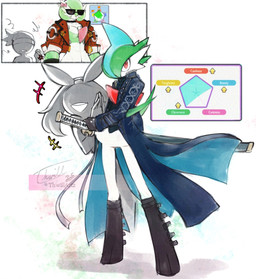 black_boots black_clothing black_footwear blue_clothing blue_topwear boots clothing cross-popping_vein eyewear footwear green_body grey_body grey_skin hair melee_weapon multicolored_body open_mouth pose red_eyes shoes standing sunglasses sword teeth topwear weapon white_body white_legs white_skin thwillartz capcom devil_may_cry nintendo pokemon vergil_(devil_may_cry) gallade gardevoir generation_3_pokemon generation_4_pokemon human humanoid mammal pokemon_(species) hi_res