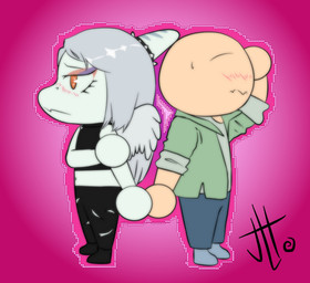 amber_eyes anthro bald black_bottomwear black_clothing black_jeans black_pants blush bodily_fluids bottomwear chibi clothing crop_top denim denim_bottomwear denim_clothing duo eyelashes eyeliner feathered_wings feathers female grey_body grey_hair grey_scales hair halter_top hand_holding jacket jeans light-skinned_male light_body light_skin makeup male male/female midriff navel pants scales shirt simple_background snout sweat topwear torn_bottomwear torn_clothing torn_jeans torn_pants wings yonstar_studios cavemanon_studios goodbye_volcano_high ko_op_(game_developer) snoot_game anon_(snoot_game) fang_(gvh) human mammal prehistoric_species pterosaur reptile scalie 2023 digital_drawing_(artwork) digital_media_(artwork) hi_res signature