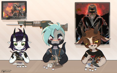 anthro chibi female humanoid_pointy_ears lasgun male miniature_model painting_(action) pointy_ears freakster warhammer_(franchise) warhammer_40000 xiro_decobray bovid caprine goat humanoid mammal reptile scalie snake hi_res