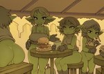 bedroom_eyes bottomless burger butt clothed clothing eating eating_food eyebrows eyelashes faceless_character female fingers food genitals gloves group hair handwear happy narrowed_eyes pantsless pussy seductive sitting smile noise_(artist) goblin humanoid 2023 digital_media_(artwork) hi_res