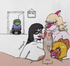 abstract_background anthro anthro_penetrated areola big_areola big_breasts big_penis black_hair blonde_hair blue_clothing blue_eyes blue_hoodie blue_topwear bodily_fluids bone_frill breasts clothing collaborative_licking cookie cookie_tray cuckquean cum ejaculation erection eyelashes fellatio female female_on_human female_penetrated fffm fffm_foursome first_person_view food foursome frill_(anatomy) front_view genital_fluids genitals green_body green_hair green_scales group group_sex hair hair_over_eye handwear harem hoodie huge_breasts huge_penis human_on_anthro human_penetrating human_penetrating_anthro human_penetrating_female human_pov infidelity inside interspecies kneeling licking licking_cum light-skinned_male light_body light_skin long_hair long_tail looking_at_viewer magenta_body magenta_scales male male/female male_human male_on_anthro male_penetrating male_penetrating_anthro male_penetrating_female male_pov multicolored_body multicolored_scales nipples nude nude_anthro nude_female nude_human nude_male oral oral_penetration orange_body orange_scales oven_mitts penetration penile penis penis_lick purple_eyes sad scales sex sharp_teeth short_hair snout tail teeth text tongue tongue_out topwear two_tone_body two_tone_scales white_body white_scales yellow_eyes yellow_sclera andchantr cavemanon_studios i_wani_hug_that_gator inco_(iwhtg) kiara_(iwhtg) lunara_(iwhtg) mia_moretti olivia_halford bambiraptor baryonyx ceratopsian dinosaur dromaeosaurid hadrosaurid human mammal marginocephalian ornithischian ornithopod parasaurolophus prehistoric_species protoceratops protoceratopsid reptile saurischian scalie spinosaurid theropod 2025 absurd_res artist_name hi_res meme signature