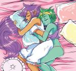 accessory bodily_fluids breasts clothing cuddling dark_body dark_skin drooling duo eyelashes female female/female green_body green_hair green_skin hair headband humanoid_pointy_ears long_hair lying not_furry on_side open_mouth pajamas pillow pointy_ears purple_clothing purple_hair purple_topwear saliva side_boob sleeping surgical_suture topwear under_boob underwear white_clothing samanator_club shantae_(series) wayforward rottytops shantae genie humanoid undead zombie 2015 signature