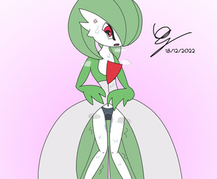 angry bodily_fluids breath camel_toe chest_spike clothed clothing cross-popping_vein dress dripping_vulva female fingers flat_chested genital_fluids green_body green_hair hair looking_at_viewer musk on_model open_mouth panties pseudo_dress red_eyes shaking shaking_legs simple_background skinny slim solo spikes spikes_(anatomy) sweat tears thigh_gap thin_calves thin_legs thin_thighs underwear vaginal_fluids vein wet wet_clothing wet_panties wet_underwear white_body white_skin rukakitsune nintendo pokemon gardevoir generation_3_pokemon humanoid pokemon_(species) 2022 colored dated digital_drawing_(artwork) digital_media_(artwork) hi_res signature