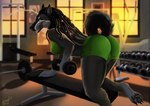 anthro black_body black_fur black_pawpads black_tail clothing dreadlocks dumbbell female fur green_clothing gym markings pawpads paws solo sport tail weights white_markings alexandradane hiona canid canine canis mammal wolf absurd_res hi_res