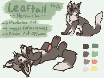 animal_genitalia animal_penis brown_body brown_fur erection feral flower flower_on_head fur genitals green_flower homophobic_slur lying male male_feral multicolored_body multicolored_fur on_back penis plant pronouns quadruped sitting solo tan_body tan_fur text two_tone_body two_tone_fur leafwing_(artist) warriors_(book_series) fan_character leaftail_(leafwing) domestic_cat felid feline felis mammal 2026 4:3 english_text hi_res model_sheet