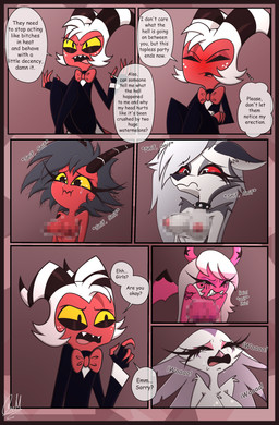 anthro aroused big_breasts blush bodily_fluids breasts censored_breasts censored_nipples chest_tuft crying dialogue exposed_breasts eyelashes female freckled_face freckles glistening_eyelids group long_eyelashes male male/female piercing profanity tears text tuft gatojack3 hellaverse helluva_boss loona_(helluva_boss) millie_(helluva_boss) moxxie_(helluva_boss) stella_(helluva_boss) verosika_mayday canid canid_demon canine demon humanoid imp mammal owl_demon succubus absurd_res censored comic english_text hi_res