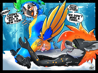 3_toes anthro ball_squish balls balls_touching belly blush bodily_fluids city countershade_torso countershading cum cum_inside dialogue duo exhibitionism eyeshadow eyewear facial_markings feathers feet fluffy genital_fluids genitals glasses green_eyes hair head_markings inviting_to_sex inviting_viewer leaking_cum looking_at_viewer lying makeup male male/male markings on_back on_bottom on_top onomatopoeia orange_eyes ponytail public public_nudity public_sex reverse_cowgirl_position round_glasses sex smile smiling_at_viewer snow sound_effects squish tail tail_feathers text toes tremble_spikes yellow_belly meatyr background_character mitchell_(meatyr) riley_collins(asrielth3f0x) ara_(genus) avian bird blue-and-yellow_macaw canid canine fox macaw mammal neotropical_parrot parrot true_parrot absurd_res hi_res