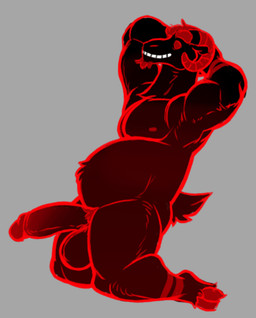 anthro armpit_focus balls black_body black_fur erection fur genitals glans glowing glowing_body glowing_genitalia glowing_penis horn kneeling male musclegut muscular nipples no_pupils nude outline pecs penis raised_arms red_body red_eyes red_fur red_line_art solo daxhush anton_(daxhush) bovid caprine demon goat mammal colored_line_art