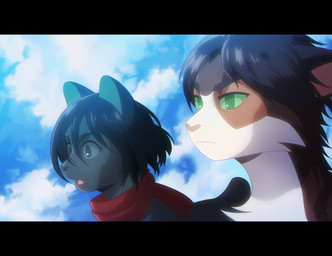 ambiguous_gender black_bars black_body black_fur black_hair black_nose brown_body brown_fur brown_hair brown_markings cloud detailed_background duo feral feral_with_hair feralized fur green_eyes green_sclera grey_eyes hair heart_nose heart_symbol markings open_mouth pink_nose red_scarf scarf sky white_body white_fur silveyytm attack_on_titan eren_jaeger mikasa_ackerman bobtail_cat domestic_cat felid feline felis japanese_bobtail maine_coon mammal turkish_angora 2020 letterbox female_(lore) male_(lore)