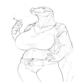 5_fingers anthro belt belt_buckle bent_arm big_breasts biped breasts buckle button_(fastener) cigarette cigarette_smoke claws clothed clothed_anthro clothed_female clothing collarbone cropped_jacket female finger_claws fingers fully_clothed fully_clothed_anthro fully_clothed_female hand_on_hip hand_on_own_hip holding_cigarette holding_object huge_breasts humanoid_hands jacket legs_together looking_forward mouth_closed navel no_irises non-mammal_breasts open_clothing open_jacket open_topwear pose pupils scales shirt smoke snout solo spiked_tail spikes spikes_(anatomy) standing t-shirt tail teeth thick_neck thick_tail thick_thighs three-quarter_view topwear wide_hipped_anthro wide_hipped_female wide_hips iljajop crocodile crocodilian reptile scalie 2025 black_and_white digital_drawing_(artwork) digital_media_(artwork) monochrome portrait sketch three-quarter_portrait