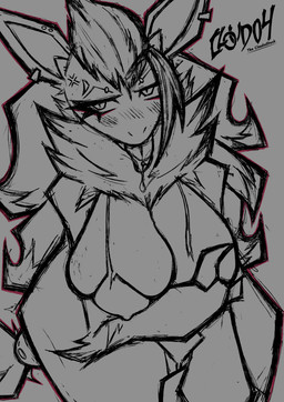 angry annoyed anthro big_breasts bikini blush breasts claws clothing ear_piercing ear_ring eyeliner fangs female grey_background hair hanging_breasts holding_breast leaning leaning_forward long_hair looking_at_viewer makeup neck_tuft piercing ring_piercing simple_background solo swimwear teeth thick_thighs tongue tongue_out tongue_piercing torn_clothing tuft two-piece_swimsuit cloud04 nintendo pokemon generation_5_pokemon pokemon_(species) zoroark absurd_res hi_res sketch
