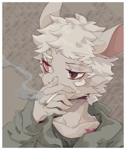 5_fingers anthro biped black_clothing black_shirt black_topwear border brown_eyes cigarette clothing eye_scar facial_scar fingers fur green_clothing green_hoodie green_topwear hair heterochromia hoodie looking_away male pink_eyes scar shirt smoking smoking_cigarette solo topwear white_body white_border white_fur white_hair oouyuki_benten lagomorph leporid mammal rabbit 2014