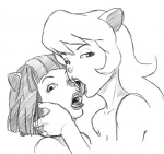 anthro duo female female/female french_kissing hair holding_head imminent_kiss kissing lipstick looking_at_viewer makeup tongue tongue_out g.f.d hanna-barbera swat_kats ann_gora callie_briggs felid mammal black_and_white monochrome