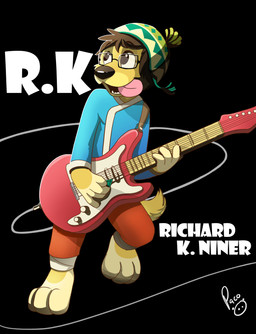 anthro barefoot black_background blue_clothing blue_topwear bottomwear brown_hair clothed clothing cosplay electric_guitar eyewear feet front_view fur glasses glistening glistening_eyes guitar hair hat headgear headwear logo male musical_instrument open_mouth pants playing_guitar playing_music plucked_string_instrument rectangular_glasses red_bottomwear red_clothing red_pants short_hair simple_background solo standing string_instrument tongue tongue_out topwear yellow_body yellow_fur young young_anthro young_male pandapaco rock_dog bodi_(rock_dog) canid canine canis domestic_dog mammal absurd_res artist_logo full-length_portrait hi_res portrait signature