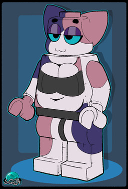 anthro belly big_breasts black_border blue_outline blue_sclera border bra breasts cat_smile clothing female half-closed_eyes narrowed_eyes navel outline shitpost solo thong underwear srgreja lego phebe_(srgreja) calico_cat domestic_cat felid feline felis lego_minifigure mammal hi_res meme