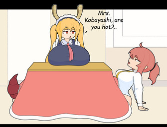 anthro big_breasts breasts clothing female group horn huge_breasts maid_uniform pleased_expression scales scaly_tail tail trio under_table uniform alyaska2201 miss_kobayashi's_dragon_maid mythology ilulu kobayashi_(dragon_maid) tohru_(dragon_maid) dragon human humanoid mammal mythological_creature mythological_scalie scalie absurd_res hi_res