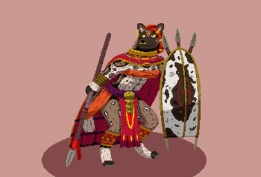 anthro biped braided_hair breasts brown_body brown_fur cape clothed clothing ear_piercing ear_ring facial_piercing female fur hair holding_object holding_weapon jewelry melee_weapon nose_piercing nose_ring piercing polearm ring_piercing septum_piercing septum_ring shield simple_background solo spear tail tribal tribal_clothing warrior weapon autumn_aut african_wild_dog canid canine mammal digital_media_(artwork) pixel_(artwork)