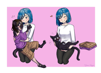 :3 ambiguous_gender black_body black_fur bottomwear breasts clothing duo female feral fur human_to_feral nude open_mouth pants pawpads shirt shorts shrinking size_transformation smile species_transformation topwear transformation transformation_sequence shani-hyena domestic_cat felid feline felis human mammal 2018