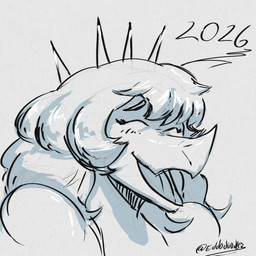 anthro eyebrows eyes_closed facial_horn female front_view grey_background hair happy horn laugh long_hair open_mouth open_smile raised_inner_eyebrows shadow simple_background smile solo text eddodoodle goodbye_volcano_high ko_op_(game_developer) new_year_2026 rosa_(gvh) aquilops ceratopsian dinosaur marginocephalian ornithischian prehistoric_species reptile scalie 1:1 absurd_res artist_name bust_portrait greyscale hi_res monochrome portrait shaded sketch