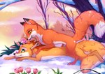 dipstick_ears dipstick_tail ear_markings feral flower fur green_eyes lying markings multicolored_ears orange_body orange_eyes orange_fur outside plant snow tail tail_markings tree rukifox abby_(rukifox) rick_(rukifox) canid canine fox mammal