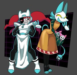 3_toes 4_fingers 5_fingers alternate_costume anthro barefoot black_eyes blue_ears blue_fingers blue_hair blue_mouth blue_outline blue_tail blue_toes blush blush_stickers boots clothing clothing_swap cord_tail dress duo_focus empty_eyes eyelashes feet female female_anthro female_focus female_humanoid fingers floating_hands footwear grey_body grey_ears grey_skin group hair leaning leaning_forward looking_at_another narrowed_eyes open_mouth open_smile orange_clothing orange_dress outline paws pink_blush pink_body pink_ears plantigrade pupils red_eyes red_hair shoes smile standing tail teeth toes white_body white_boots white_clothing white_footwear white_sclera yellow_sclera genocityzone deltarune ena:_dream_bbq undertale_(series) taski_maiden_(ena) tasque_manager darkner felid feline humanoid mammal plugboy 2025 crossover digital_media_(artwork) hi_res