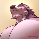 anthro big_pecs canine_teeth hair looking_at_viewer looking_down male muscular pecs smile solo yellow_eyes amarox amarox_(character) canid canine canis mammal wolf 1:1 hi_res