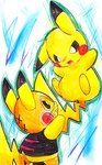 ambiguous_gender angry black_clothing black_topwear clothing cosplay_pikachu_(costume) crop_top dipstick_ears duo ear_markings fight midriff multicolored_ears open_mouth shirt tail topwear pichu_no_hito nintendo pokemon pikachu_libre generation_1_pokemon pikachu pokemon_(species) 2018 colored_pencil_(artwork) traditional_media_(artwork)