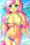 2018 2:3 5_fingers absurd_res anthro anthrofied areola big_breasts bikini bikini_aside blush breasts clothing clothing_aside curvy_figure detailed_background digital_media_(artwork) equid equine eye_through_hair eyelashes feathered_wings feathers female fingers fluttershy_(mlp) friendship_is_magic fur genitals green_eyes hair hasbro hi_res innie_pussy long_hair looking_at_viewer mammal my_little_pony mythological_creature mythological_equine mythology navel nipples open_mouth outside pegasus pink_hair pussy solo swimwear swimwear_aside text translucent translucent_hair twistedscarlett60 two-piece_swimsuit wide_hipped_female wide_hips wings yellow_body yellow_fur