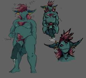 1_eye animal_genitalia balls belly bodily_fluids body_hair chest_hair ear_piercing equine_genitalia genital_fluids genitals green_body hair happy_trail hyper hyper_genitalia male mohawk nipples non-mammal_balls non-mammal_nipples overweight penis piercing precum pubes red_hair simple_background solo vein veiny_penis ratrat13 pinecone_delarge ambiguous_species humanoid