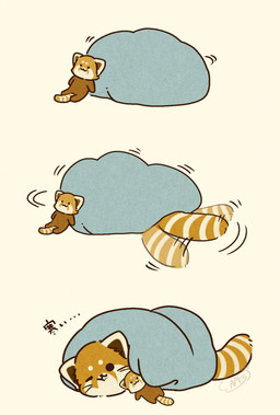 bedding biped blanket chibi dot_eyes feral kemono lying one_eye_closed plushie simple_eyes solo tail tail_motion tailwag text shi_nominmin ailurid mammal red_panda 2024 hi_res japanese_text