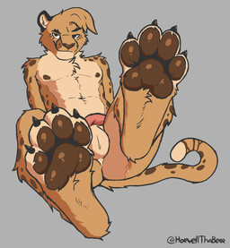 anthro athletic brown_pawpads feet flaccid fluffy_paws foot_fetish foot_focus genitals leaning leaning_backward male pawpads paws penis presenting sitting smile smiling_at_viewer smirk smirking_at_viewer solo tail howellthabear cheetah felid feline mammal