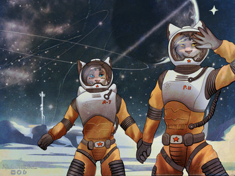 anthro astronaut astronaut_suit blue_eyes brown_hair clothing discovery duo female fur grey_body grey_fur grey_hair hair hand_holding male orange_clothing planet red_star space spacesuit standing star text yellow_eyes xleb0rezka annet_(xleb0rezka) rocky_(xleb0rezka) felid feline lynx mammal 4:3 digital_media_(artwork) hi_res