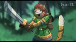 anthro backpack belt blurred_background clothing dipstick_ears dipstick_limbs dipstick_tail ear_markings female forest forest_background fur gloves green_eyes growth hair handwear kerchief light_armor markings melee_weapon multicolored_ears muscle_growth nature nature_background neckerchief neckwear plant red_hair solo sword tail tail_markings tan_body tan_fur tree weapon white_body white_fur volkenfox riley_o'shane fictional_species lynxuki 2024 absurd_res colored hi_res