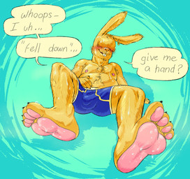 4_toes anthro belly blonde_hair blue_background blush bodily_fluids boxer_briefs boxer_briefs_only boxers_(clothing) boxers_only bulge claws clothed clothing detailed_bulge ear_piercing ear_ring feet foot_fetish foot_focus fur hair hair_over_eyes hindpaw humanoid_feet male nipples pawpads paws piercing plantigrade ring_piercing simple_background sitting solo sweat sweatdrop sweaty_body sweaty_feet sweaty_legs sweaty_thighs toe_claws toes topless underwear underwear_only yellow_body yellow_fur a_guy_somewhere guy_(a_guy_somewhere) lagomorph leporid mammal rabbit hi_res