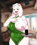 5_fingers anthro apron apron_only areola bedroom_eyes beverage big_breasts blush bodily_fluids breasts clothing coffee female fingers green_apron green_clothing headdress holding_object holding_tray horn huge_breasts lactating lactating_through_clothing looking_at_viewer milk milk_drip mostly_nude narrowed_eyes one_breast_out open_mouth open_smile projectile_lactation restraints seductive smile snout solo splash sweat wet wet_clothing white_body fid i_mean_breast_milk undertale undertale_(series) toriel monster meme