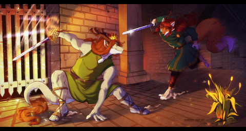 action_pose anthro antlers athletic athletic_male barefoot basket_hilt belt caligae castle claws clothed clothed_anthro clothed_female clothing crouching crown duo dynamic_effects dynamic_lighting eye_contact eyebrows fangs feet female female_anthro fight fighting_pose flower footwear fur glowing glowing_eyes guard hair happy headgear hilt horn inside jerkin_(clothing) left-handed long_hair looking_at_another male male/female mane medieval medieval_clothing melee_weapon muscular muscular_male orange_body orange_fur plant plantain pollen pose prince ribwort_plantain royalty sandals scabbard schiavona shoes smile sparkles sword tail tail_tuft teeth text torch tuft weapon wanderertamplior mythology fenja_(clumsywitch) prince_borgon canid canine dragon fox mammal mythological_creature mythological_scalie scalie absurd_res hi_res huge_filesize story story_in_description url
