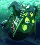 anthro female green_body green_eyes green_hair hair jewelry navel sad solo split_form underwater water sonicboom30813 shantae_(series) wayforward giga_mermaid marine merfolk hi_res