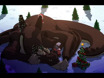 ambiguous_gender black_bars brown_body brown_wings clothed clothing duo eyes_closed feral lying membrane_(anatomy) membranous_wings mouth_closed on_front outside pattern_clothing pattern_topwear plant red_clothing red_topwear sleeping snow string_lights striped_clothing striped_topwear stripes tail topwear tree white_clothing white_topwear wings 0ct0m0n0 mythology dragon mythological_creature mythological_scalie scalie 4:3 letterbox