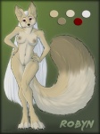 anthro big_tail biped border breasts brown_nipples brown_pussy claws color_swatch dipstick_tail female fluffy fluffy_tail fur genitals green_background hair hands_on_hips long_hair looking_at_viewer markings multicolored_tail nipples nude pose pussy red_eyes simple_background solo standing tail tail_markings tan_body tan_fur two_tone_tail white_claws white_hair kaylii robyn_(kaylii) canid canine fennec_fox fox mammal true_fox 2012 3:4 model_sheet