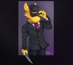 anthro black_border border bottomwear clothed clothing conductor feathers fur hat headgear headwear holding_knife holding_object knife male necktie pants purple_background raised_arm sharp_teeth shirt simple_background solo standing suit teeth tipping_hat topwear uniform weapon yellow_body yellow_feathers yellow_fur inkart_flow a_hat_in_time the_conductor_(ahit) avian bird 2021 half-length_portrait hi_res portrait