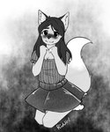 abstract_background anthro bottomwear cheek_tuft clothed clothing facial_tuft female front_view glistening glistening_eyes hair inner_ear_fluff long_hair mouth_closed skirt solo tail tuft riddlr canid mammal monochrome