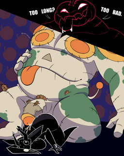 anthro antlers belly big_belly big_breasts big_butt big_penis bodily_fluids breasts butt dominant dominant_male dripping duo female for_a_head genital_fluids genitals heart_eyes heart_symbol horn imminent_sex larger_dom larger_male male male/female overweight overweight_humanoid overweight_male penetration penis precum precum_drip questionable_consent ridiculous_fit size_difference smaller_female stitch_(sewing) sweat tail text thick_thighs tongue tongue_out scepticskeptic deltarune undertale_(series) jackenstein jackenstein's_pumpkin roaring_knight darkner humanoid lightner object_head english_text hi_res
