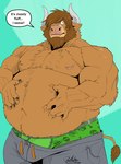 anthro beard belly biceps big_belly bottomwear bulge clothed clothing facial_hair facial_piercing fur hair horn lip_piercing male musclegut muscular muscular_anthro muscular_male navel nipples overweight overweight_anthro pants piercing solo text topless underwear deadanthro deadanthro_(character) bovid bovine cattle mammal english_text hi_res