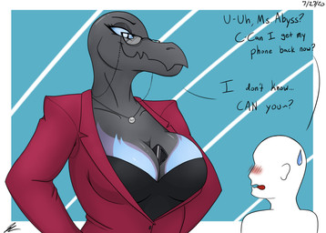 anthro big_breasts blue_eyes blush breast_squish breasts clothing corset dialogue dominant dominant_female duo electronics eyewear female glasses glistening glistening_body human_on_anthro humor interspecies jewelry larger_female lingerie male male/female mature_anthro mature_female necklace nervous phone size_difference smaller_male squish suit_jacket text topwear jeffthehusky nintendo pokemon abyss_(jeffthehusky) anon generation_7_pokemon human mammal pokemon_(species) salazzle english_text hi_res