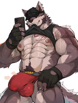 abs anthro barazoku biceps body_hair bulge cellphone chest_tuft clothing detailed_bulge ear_piercing ear_ring electronics fur happy_trail hat hat_over_eyes headgear headwear jockstrap male male_anthro muscular muscular_anthro muscular_male navel nipples pecs phone piercing ring_piercing scar simple_background solo tuft underwear white_background meocondainhan augar_(augarrwoof) canid canine mammal hi_res