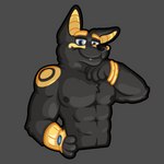 anthro arm_jewelry bedroom_eyes black_body black_fur blue_eyes facial_piercing fangs fur glistening glistening_body glistening_eyes glistening_nose gold_(metal) gold_jewelry hair hand_on_hip hand_on_own_hip holding_hips jewelry looking_at_viewer looking_down male muscular muscular_anthro muscular_male narrowed_eyes nipples nose_piercing nose_ring nude piercing ring_piercing seductive short_fur simple_background smile smug smug_expression smug_face solo teeth teeth_showing tuft yellow_body yellow_fur luhrak adastra adastra_(series) echo_project neferu_(adastra) anubian_jackal canid canine canis jackal mammal 1:1 absurd_res cel_shading digital_media_(artwork) half-length_portrait hi_res portrait shaded