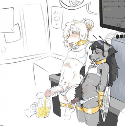 6_nipples antennae_(anatomy) anthro beer_mug black_hair blush blush_lines bodily_fluids bottomwear bottomwear_down clothing disembodied_hand drinking_straw drinking_straw_in_mouth duo foreskin fur genital_fluids genitals grey_body grey_fur hair holding_another's_penis holding_penis humanoid_genitalia humanoid_penis inside long_hair male multi_nipple nipples peeing penis penis_size_difference retracted_foreskin text urine urine_in_cup watersports white_body white_fur white_hair wings goldenhammer goldie_(goldenhammer) yuzu_(goldenhammer) arthropod canid canine canis domestic_dog hybrid insect mammal 2025 digital_drawing_(artwork) digital_media_(artwork) english_description english_text hi_res portrait three-quarter_portrait herm_(lore)