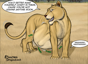 after_vore ambiguous_gender belly big_belly black_nose black_tail_tip dialogue dipstick_tail duo female female_pred feral feral_pred fur human_prey markings orange_eyes savanna speech_bubble tail tail_markings talking_feral talking_to_prey tan_body tan_ears tan_fur tan_legs text vore white_belly dragonczech felid human lion mammal pantherine 2025 english_text hi_res